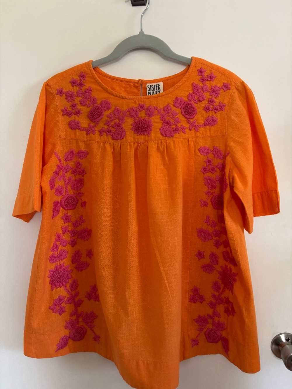 Sister Mary Short Sleeved Embroidered Top, Size M
